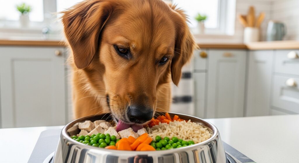 dog eating healthy balanced diet with chicken rice and vegetables