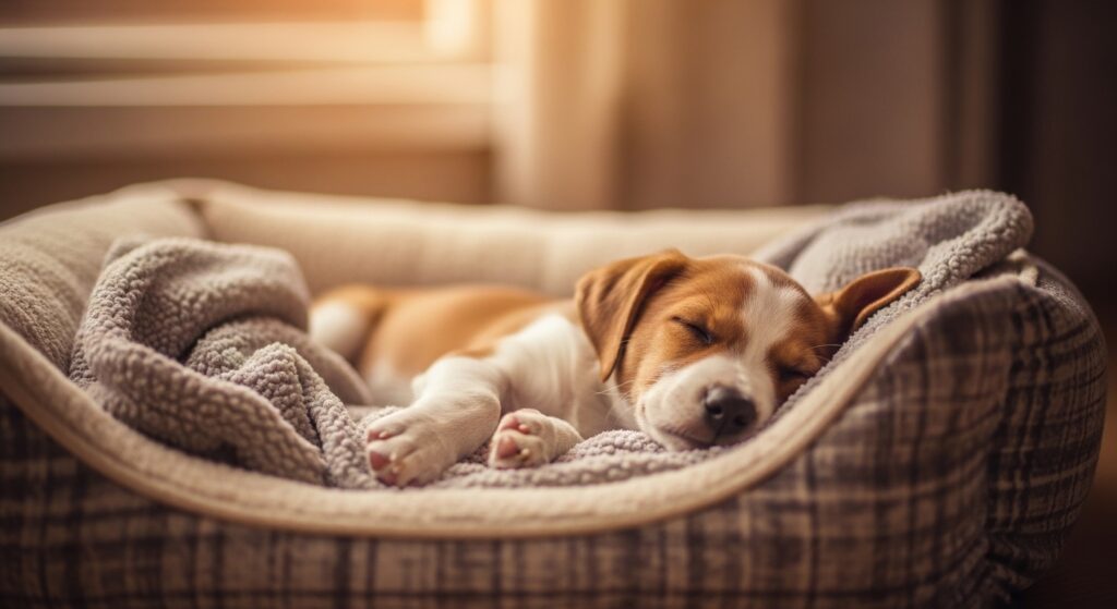 cute puppy resting in warm bed safe and comfortable