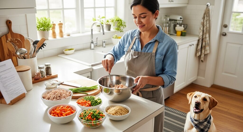Owner preparing healthy homemade dog food in a bright kitchen with chicken, rice, carrots, and green beans while golden retriever watches.”