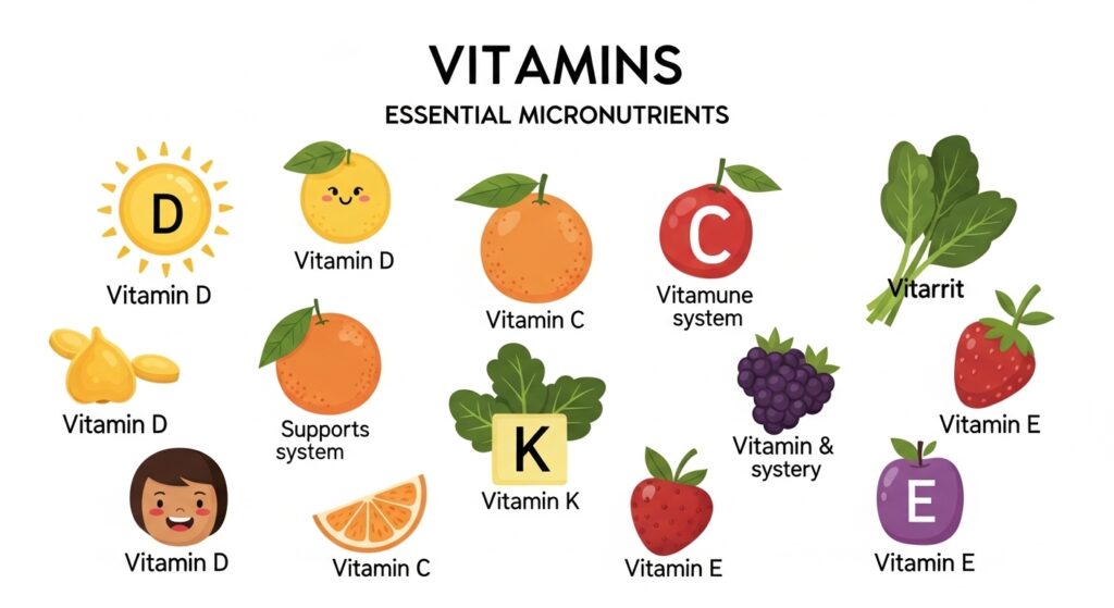Infographic showing balanced dog nutrition including proteins, carbohydrates, fats, vitamins, and minerals.”