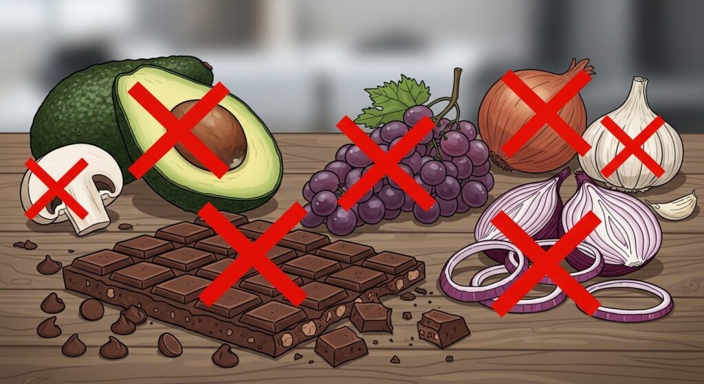 Illustration of toxic foods for dogs such as chocolate, grapes, onions, avocado, and alcohol with red cross marks.”