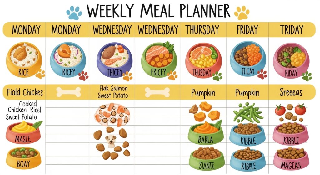 Colorful weekly dog meal planner featuring bowls of chicken, salmon, pumpkin, and rice.”