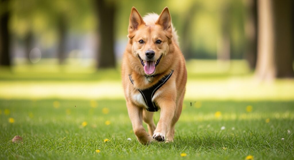 Healthy dog with shiny coat running happily in a park after eating balanced homemade food.”