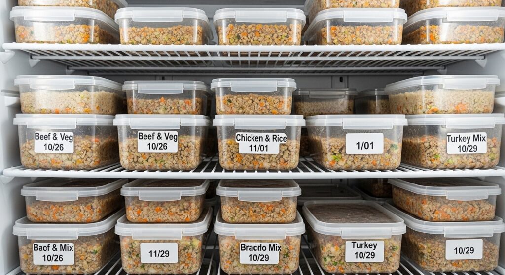 Dog food containers labeled and stored neatly in freezer for meal prep convenience.”
