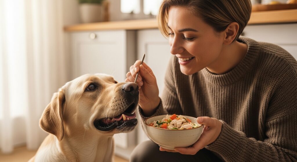 Owner smiling while feeding Labrador homemade food in kitchen.”