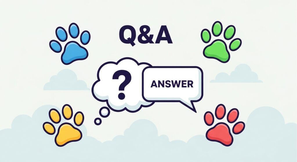 Cartoon‑style Q&A graphic with dog paw icons and text bubbles.”