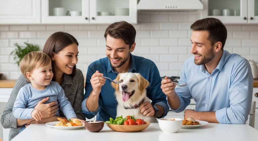 Happy family with dog enjoying mealtime together at home.”