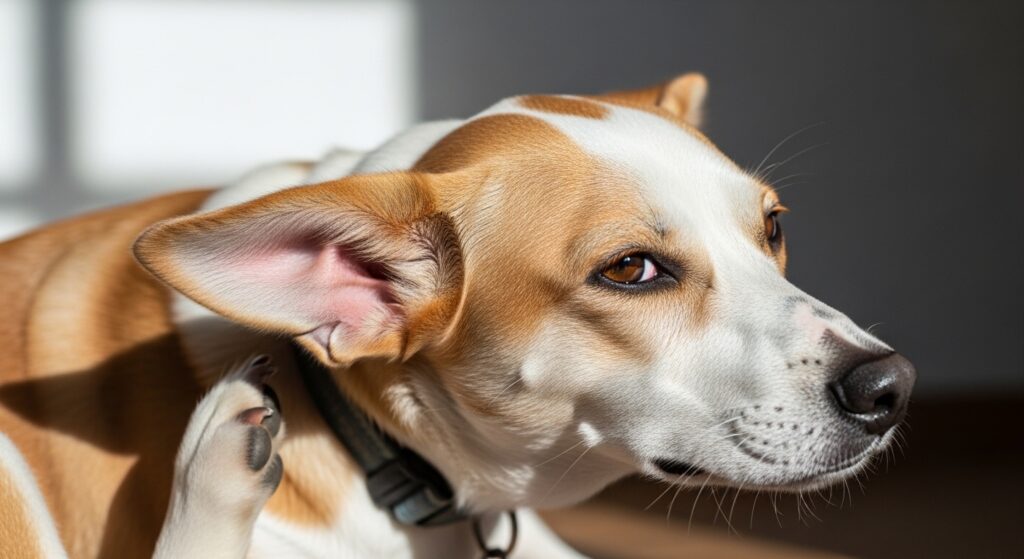 dog scratching skin due to itching and possible mange infection