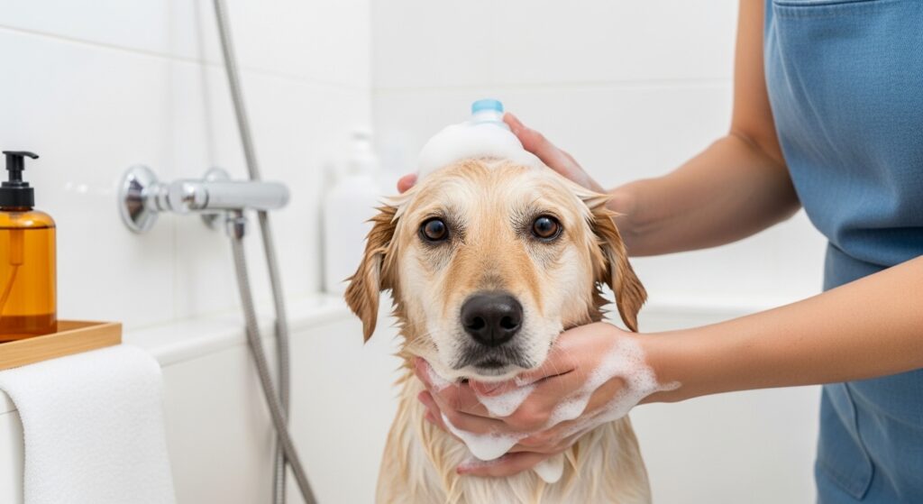 dog being washed with medicated shampoo for mange treatment