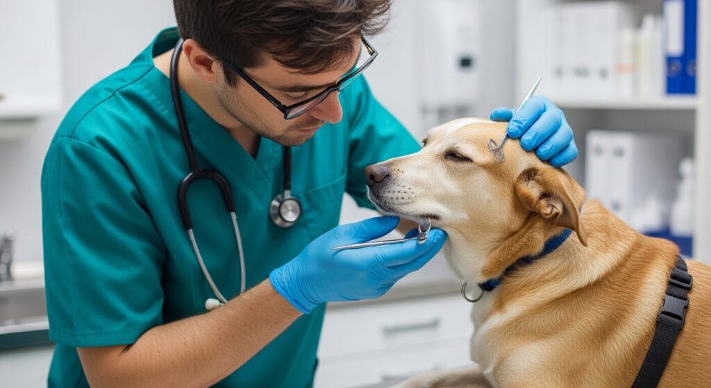 veterinarian examining dog skin for mange diagnosis and treatment