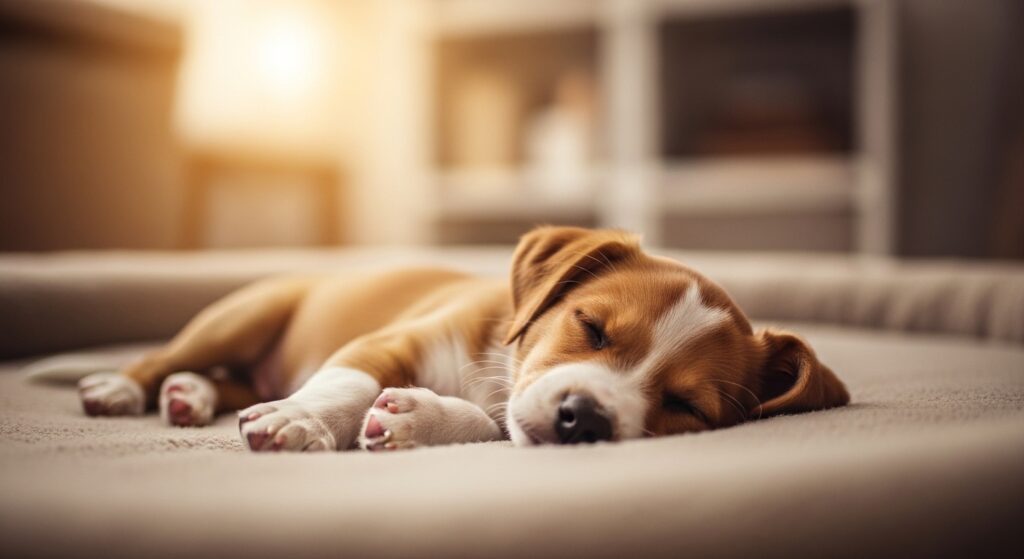 sleeping puppy on soft bed at home