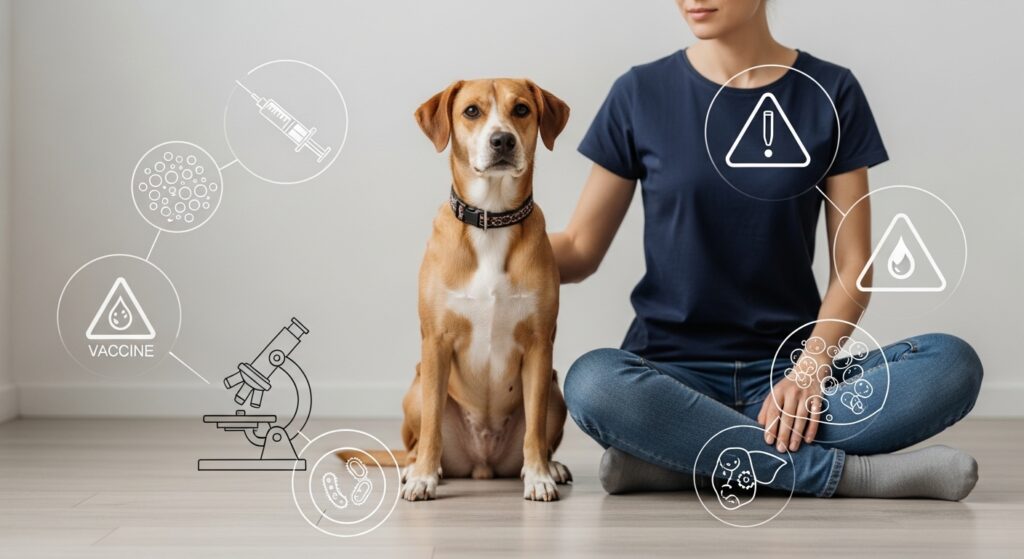 Dog and human with medical icons showing diseases dogs can pass to humans, zoonotic disease awareness concept