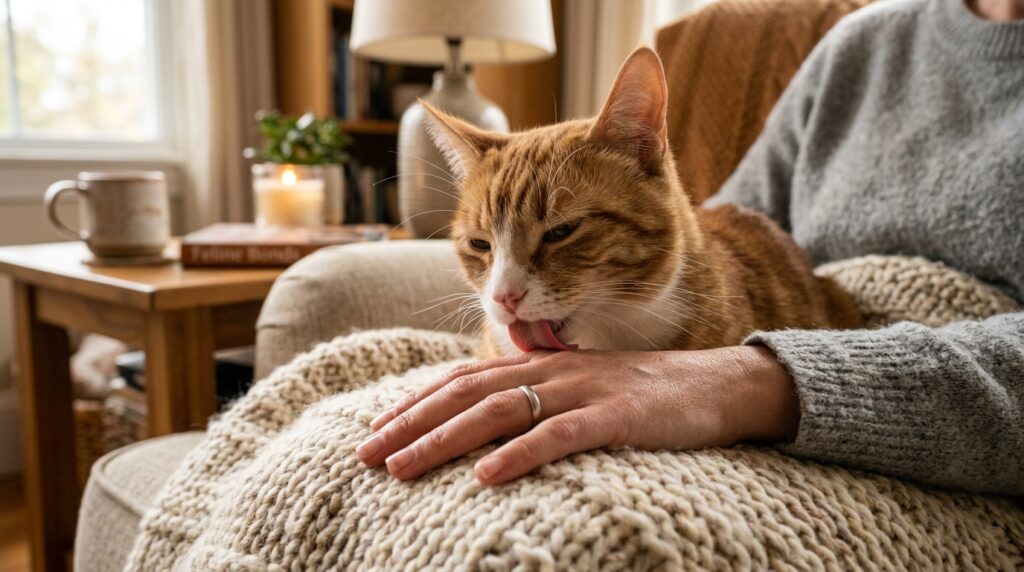 cat licking human hand as a sign of affection after gentle bite