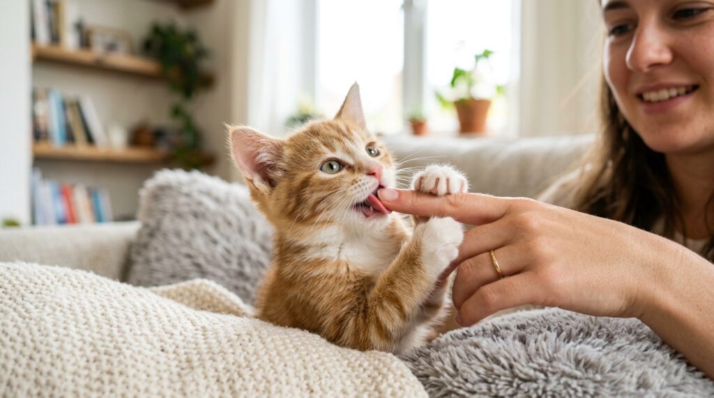 kitten play biting human hand then licking behavior