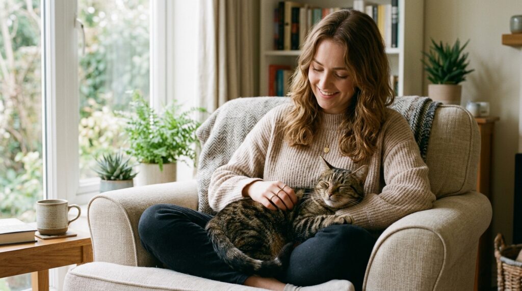 happy cat bonding with owner without biting behavior