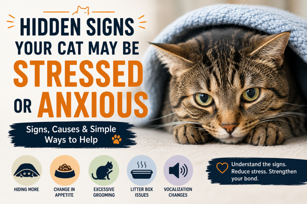 Cat displaying hidden signs of stress and anxiety, including cautious body language and withdrawn behavior in a home setting.