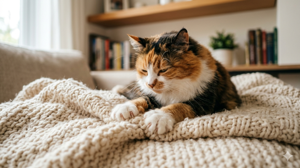 Cat kneading a soft blanket while relaxing indoors