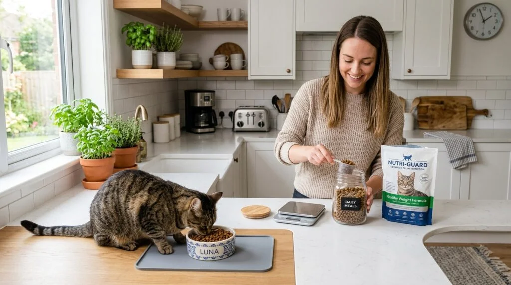Healthy domestic cat eating measured food portions according to age and weight feeding schedule