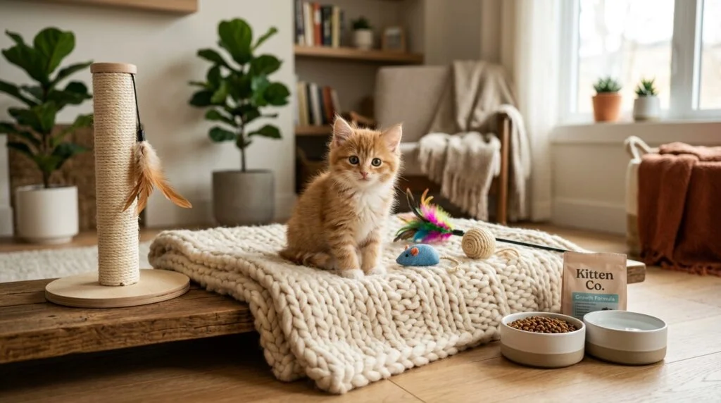 An orange tabby kitten sitting on a chunky knit blanket next to a sisal cat scratching post, a toy mouse, a bowl of dry cat food, and a bag of growth formula kitten food.
