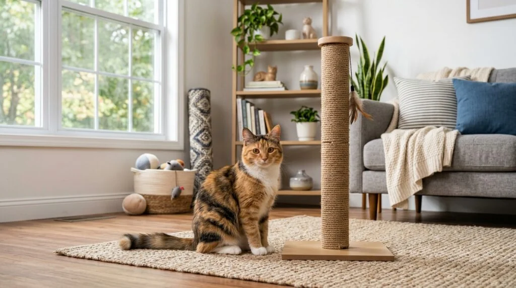 Indoor cat sitting near scratching post in a cozy home