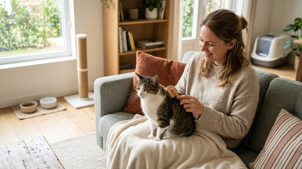 Pet owner gently brushing a calm cat in a modern home with natural light and visible cat care items in the background.