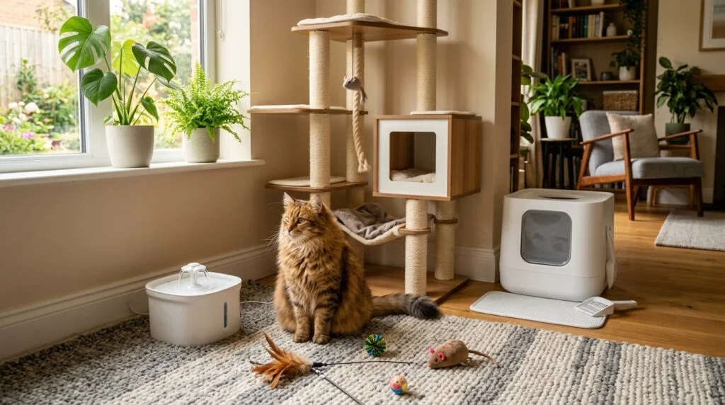 Healthy indoor cat sitting near a cat tree and water fountain inside a cozy home environment