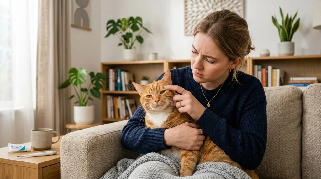 Cat owner checking on a sick orange tabby cat showing warning signs of illness at home.