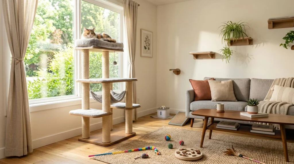 Cute indoor cat relaxing on a cat tree in a safe and stress-free home environment with toys, soft lighting, and cozy furniture.