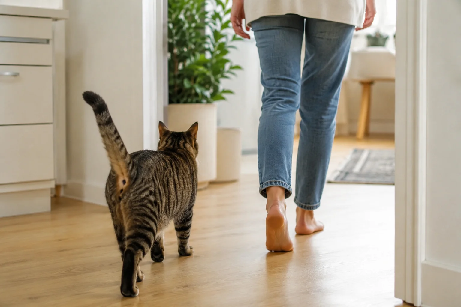 Cat following its owner through a cozy home, showing affectionate Velcro cat behavior and a strong human-feline bond