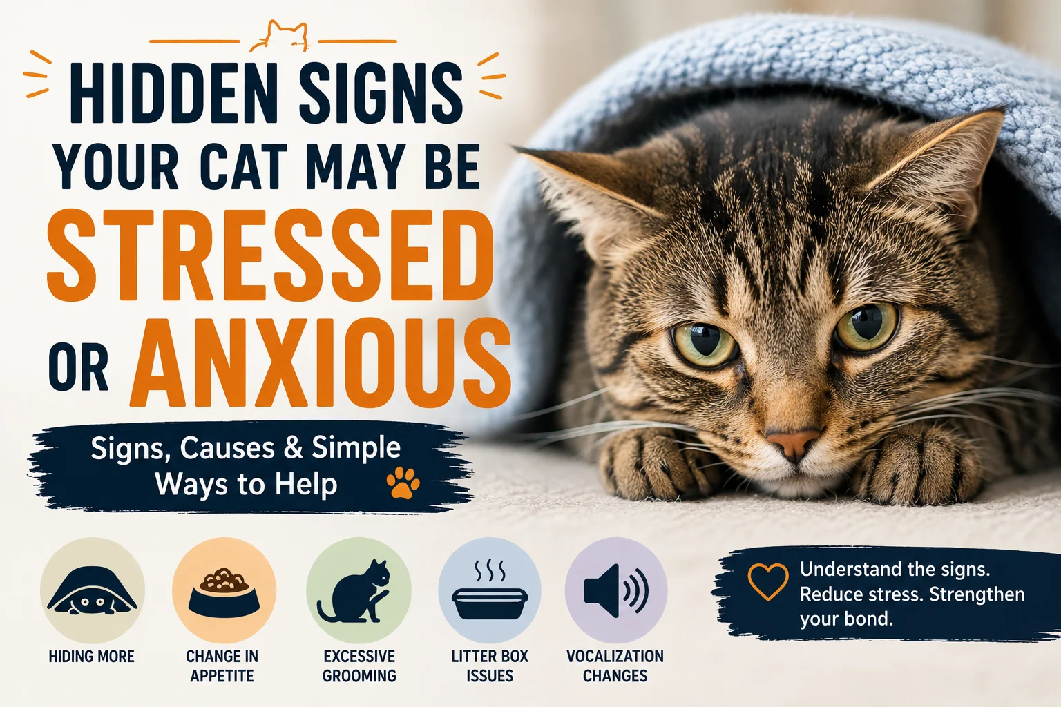 Cat displaying hidden signs of stress and anxiety, including cautious body language and withdrawn behavior in a home setting.