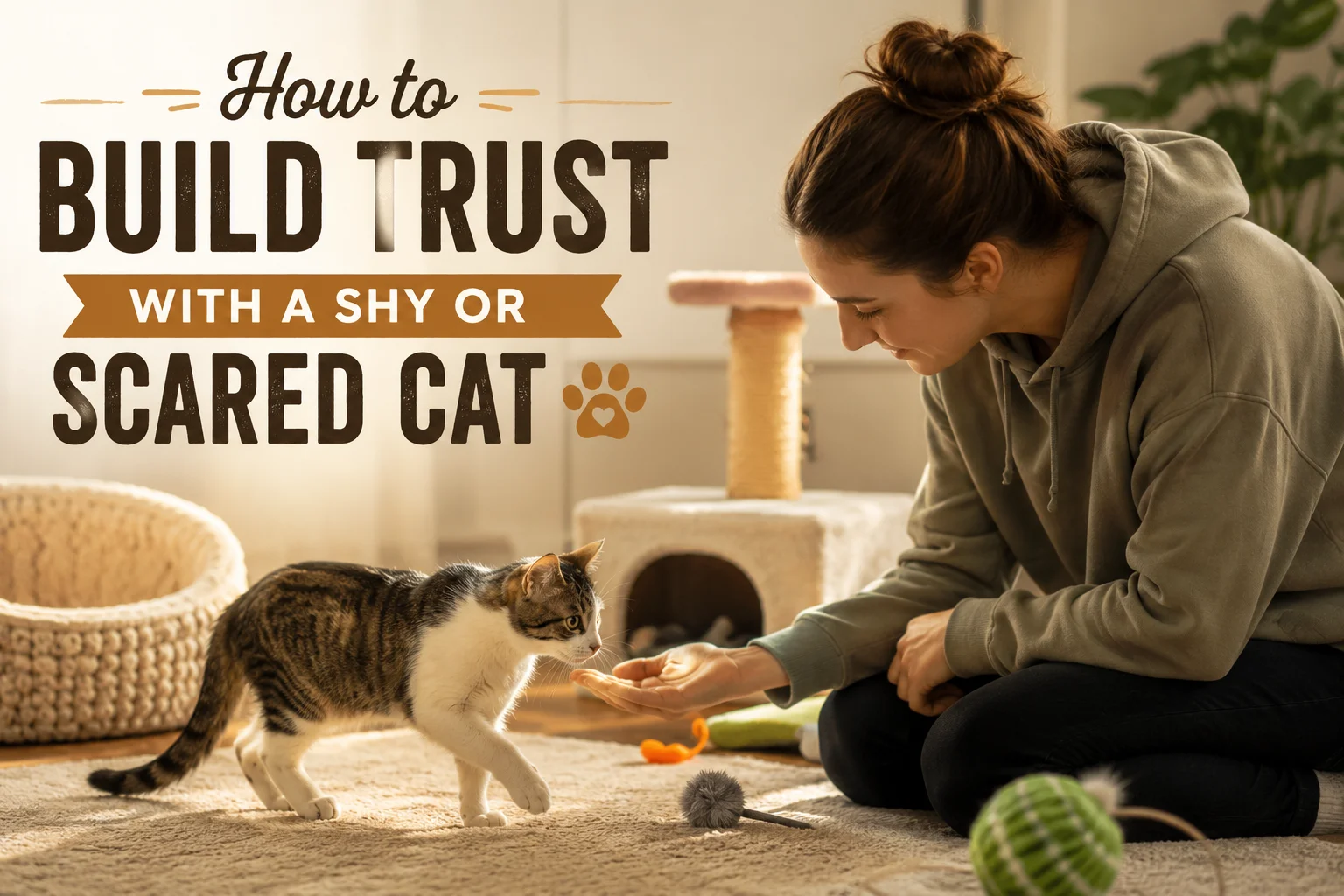 A patient cat owner building trust with a shy or scared cat in a cozy living room, using gentle interaction and positive reinforcement to help the fearful rescue cat feel safe and confident.