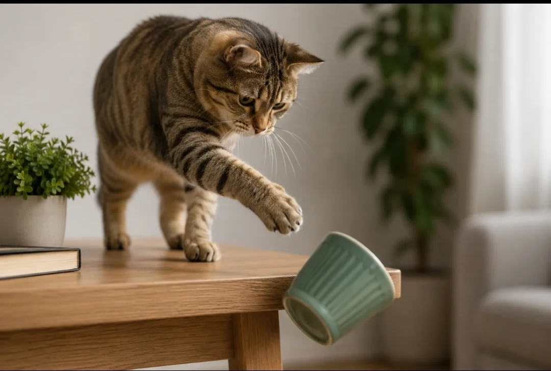 Curious tabby cat pushing a cup off a wooden table indoors, showing natural feline behavior and playful instincts.